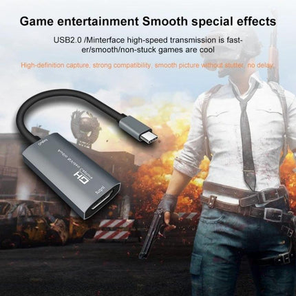 Portable HDMI to USB-C Video and Audio Capture Device for Recording shown connected to a gaming setup for streaming and recording