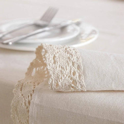Tablecloth Coffee For Everyday Dining At Home And Events - coffee-colored rectangular cotton tablecloth with delicate lace edge for elegant casual settings