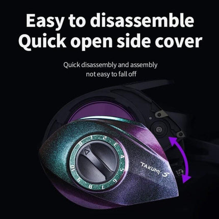 Takumi-S Metal Casting Fishing Reel With Alarm For Everyday Use showing quick-open side cover and aurora mirror paint purple line cup