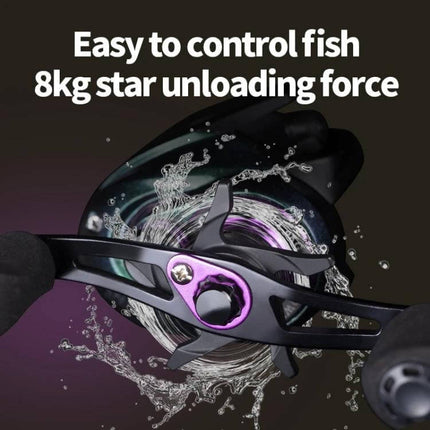Takumi-S Metal Casting Fishing Reel With Alarm For Everyday Use showing aurora mirror finish, purple-plated line cup and 8kg star unloading force
