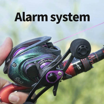 Takumi-S Metal Casting Fishing Reel With Alarm For Everyday Use showing aurora mirror finish, purple-plated line cup and built-in fish alarm device