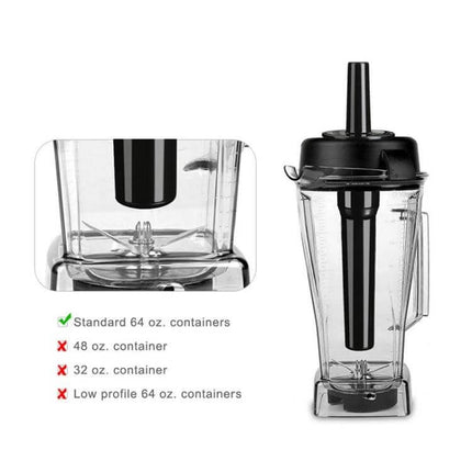 Tamper Tool For Vitamix 64oz Blenders Stirring Stick — black tamper inserted in standard 64 oz container, metal-core plastic stirring stick