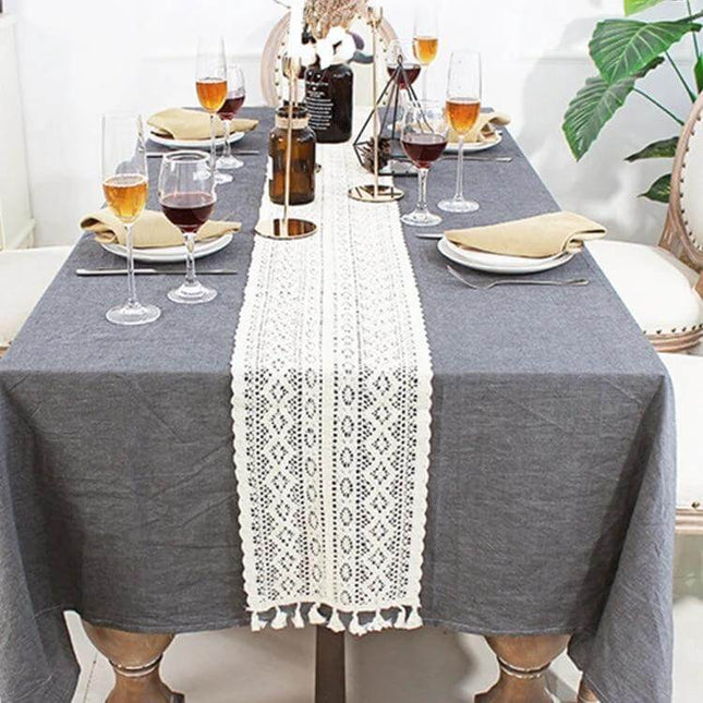 Tassel Lace Floral Table Runner Crochet Cotton Blend 24x180cm displayed on gray dining table with glassware and centerpieces