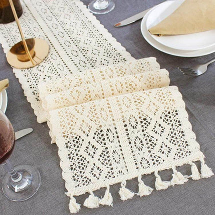 Tassel Lace Floral Table Runner Crochet Cotton Blend 24x180cm - handmade white crochet lace runner with tassels on dining table