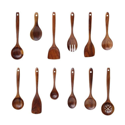 Teak Wood Kitchen Utensil Set Nonstick Pot Shovel And Spoons - 12-piece polished teak spoons, spatulas and colander gentle on nonstick cookware