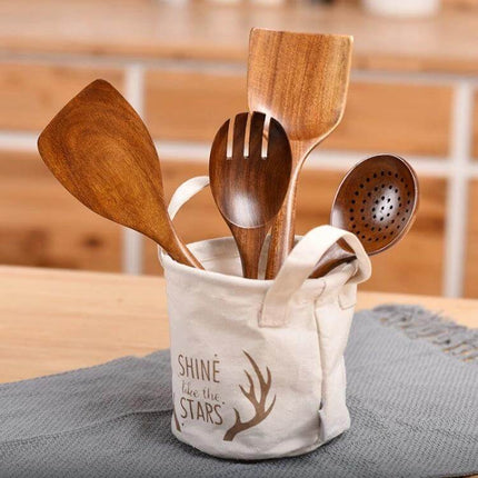 Teak Wood Kitchen Utensil Set Nonstick Pot Shovel And Spoons displayed in a cloth holder — 12-piece polished teak utensils for nonstick cookware