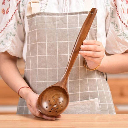 Teak Wood Kitchen Utensil Set Nonstick Pot Shovel And Spoons - polished teak long-handled slotted soup ladle for nonstick cookware