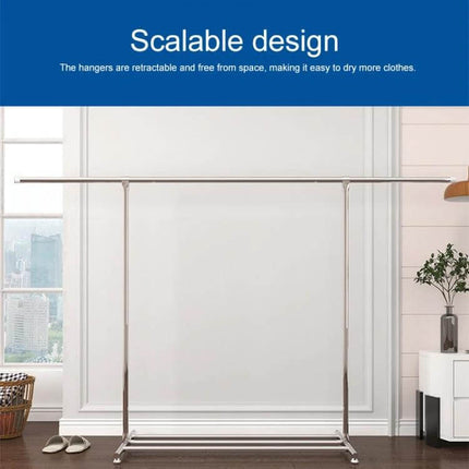 Telescopic Outdoor Clothes Drying Rack 120-200cm Stainless Steel shown extended in a compact patio setup, adjustable height for balconies and small spaces
