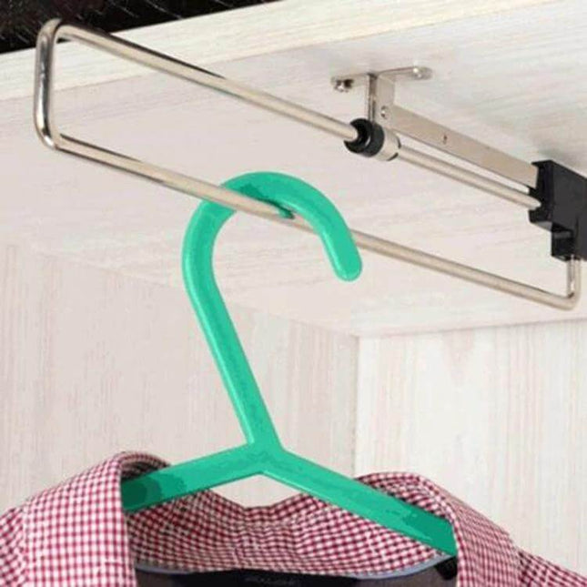 Telescopic Rail Pull Out Wardrobe Clothes Hanger 25cm installed under shelf with shirt on hanger for compact wardrobe storage
