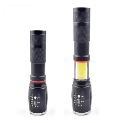 Telescopic Zoom LED Flashlight Rechargeable for Everyday Tasks - black telescoping aluminum body showing spot and wide beam modes, rechargeable