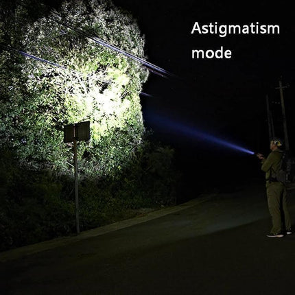 Telescopic Zoom LED Flashlight Rechargeable for Everyday Tasks long-beam night demo showing focused spot and wide-area illumination on trees