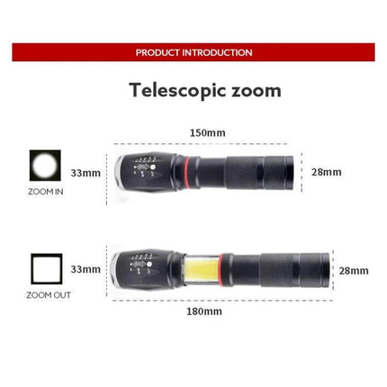 Telescopic Zoom LED Flashlight Rechargeable for Everyday Tasks shown telescoped 150mm to 180mm with zoom-in and zoom-out beam examples