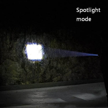 Telescopic Zoom LED Flashlight Rechargeable for Everyday Tasks spotlight mode showing narrow focused beam on a wall, rechargeable aluminum body