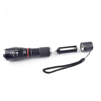 Telescopic Zoom LED Flashlight Rechargeable for Everyday Tasks - black aluminum body shown disassembled with battery holder and wrist strap