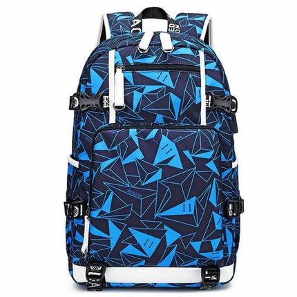 Thermal Transfer Casual Backpack for School Daily Use in blue geometric print, water-repellent Oxford cloth, 14-inch notebook pocket