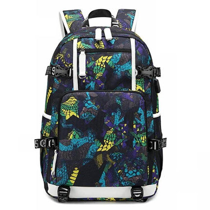 Thermal Transfer Casual Backpack for School Daily Use in black blue green mosaic print, water‑repellent Oxford cloth, padded straps, fits 14‑inch notebook