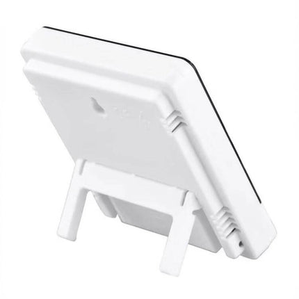 Thermometer Hygrometer Alarm Clock For Everyday Use compact white desk unit showing rear stand and battery compartment
