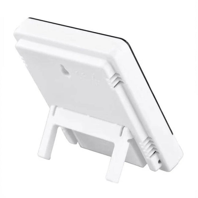 Thermometer Hygrometer Alarm Clock For Everyday Use compact white desk unit showing rear stand and battery compartment