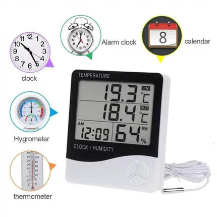 Thermometer Hygrometer Alarm Clock For Everyday Use - compact LCD indoor/outdoor temperature humidity clock with probe and large display