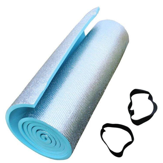 Thickened Aluminum Film Outdoor Camping Mat 180x50cm rolled with silver aluminum surface and blue EVA foam, includes two black straps for travel