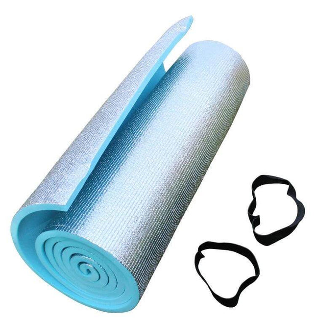 Thickened Aluminum Film Outdoor Camping Mat 180x50cm rolled blue foam with reflective silver layer and carrying straps for tent picnics yoga