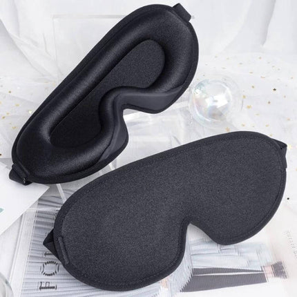 Three-Dimensional Breathable Sleep Eye Mask for Light Blocking, Black shown in front and back views with contoured memory foam for full light blocking and comfort