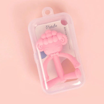 Three-Dimensional Cartoon Silicone Baby Teether for Soothing Gums - pink sheep-shaped silicone teether in clear travel case