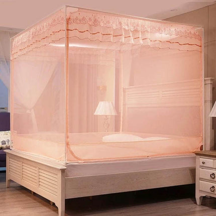 Three-Door Bed Mosquito Net With Full Bottom, 120x200 cm pink polyester canopy with stainless steel frame covering a bed