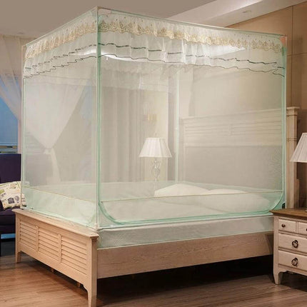 Three-Door Bed Mosquito Net With Full Bottom, 120x200 cm - White polyester canopy with stainless steel frame over bed