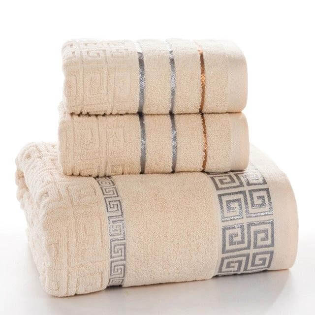 Three-Piece Cotton Towel Bath Set For Everyday Use - beige cotton bath towel 70x140 cm with two 34x70 cm hand towels, soft absorbent set for home and gym