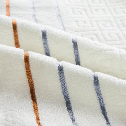 Three-Piece Cotton Towel Bath Set For Everyday Use white cotton bath towel with blue and orange stripes close-up showing texture and sizes 70x140cm and 34x70cm