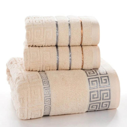 Three-Piece Cotton Towel Bath Set For Everyday Use - beige cotton bath towel 70x140 cm with two 34x70 cm face towels, soft absorbent set for home, gym, travel
