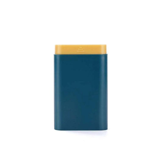 Three-Piece Portable Pill Box For Daily Use Ideal For Home Or Travel - compact blue ABS case with yellow pull-out lid and removable divider