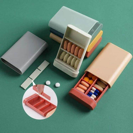 Three-Piece Portable Pill Box For Daily Use Ideal For Home Or Travel compact ABS plastic organizer with removable divider and pull-out lid, travel pill case