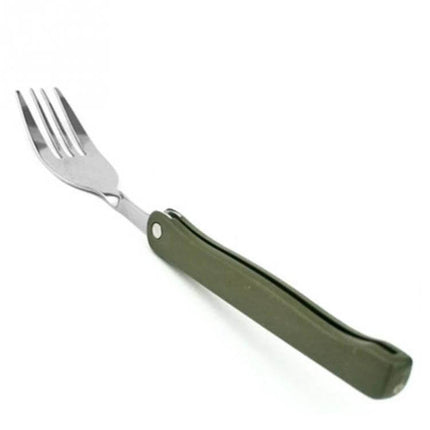 Three-Piece Stainless Steel Camping Folding Tableware Set single folding fork with olive handle and belt pouch ready for camping
