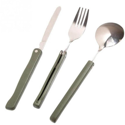 Three-Piece Stainless Steel Camping Folding Tableware Set with pocket-sized folding knife fork spoon and belt-friendly Oxford bag