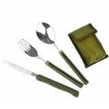 Three-Piece Stainless Steel Camping Folding Tableware Set - compact knife, fork, spoon with olive Oxford carrying pouch for hiking and camping