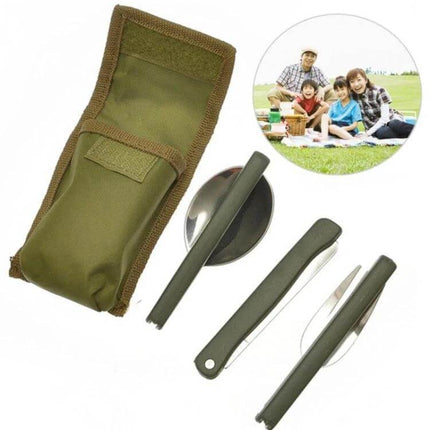 Three-Piece Stainless Steel Camping Folding Tableware Set with olive Oxford belt bag and folding knife fork spoon for camping and picnics