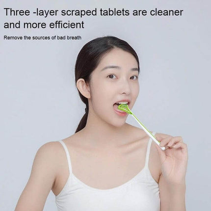 Tongue Cleaner Brush Ergonomic Grip For Fresh Breath with matte non-slip handle and three-layer scraper shown being used