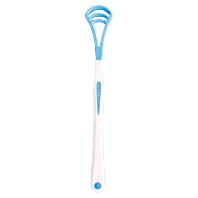 Tongue Cleaner Brush Ergonomic Grip For Fresh Breath - blue and white long-handled tongue scraper with matte non-slip grip