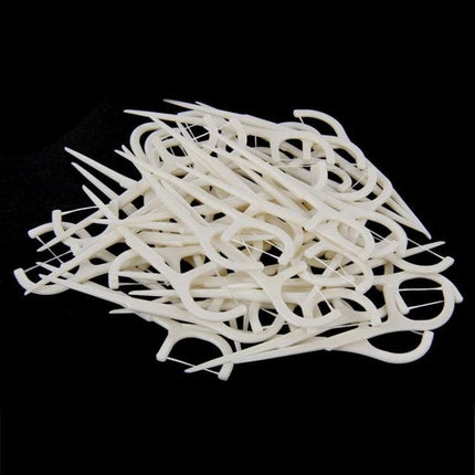 Tooth Pick With Thread, Wide ABS Dental Floss, 50 Pack – pile of white ABS floss picks for interdental cleaning, 7.5cm x 1.8cm durable daily-use picks