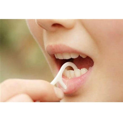 Tooth Pick With Thread, Wide ABS Dental Floss, 50 Pack - person using wide ABS floss pick to clean between back teeth