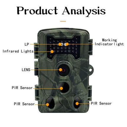 Trail Camera With 2 Inch LCD And Infrared Night Vision For Wildlife Monitoring - rugged cam showing lens, PIR sensors and 940nm infrared LEDs