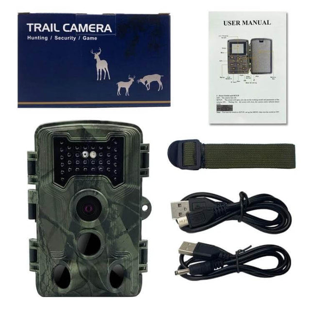 Trail Camera With 2 Inch LCD And Infrared Night Vision For Wildlife Monitoring - camouflage game camera kit with straps, USB cables, manual