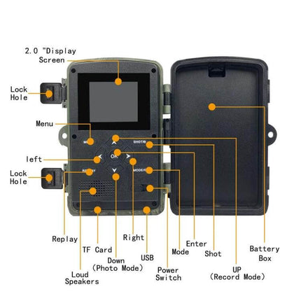 Trail Camera With 2 Inch LCD And Infrared Night Vision For Wildlife Monitoring - open unit showing 2.0" display, buttons, TF card slot and battery box