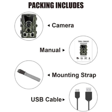 Trail Camera for Wildlife Monitoring and Nighttime Security packing contents: camera, manual, mounting strap and USB cable