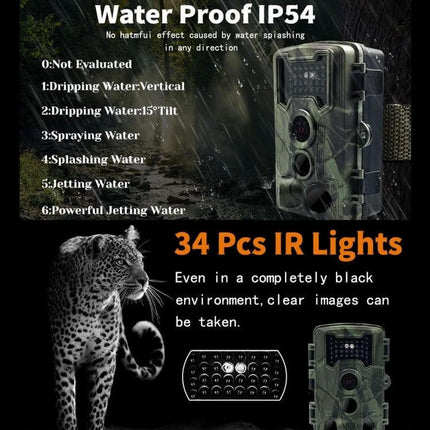 Trail Camera With 2 Inch LCD And Infrared Night Vision For Wildlife Monitoring showing IP54 waterproof rating, 34pcs 940nm IR lights and camo housing