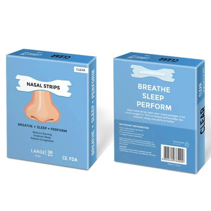 Transparent Nasal Strips Pack 30 Count for Better Sleep - box showing 30 clear nasal strips for reducing congestion and improving breathing during sleep