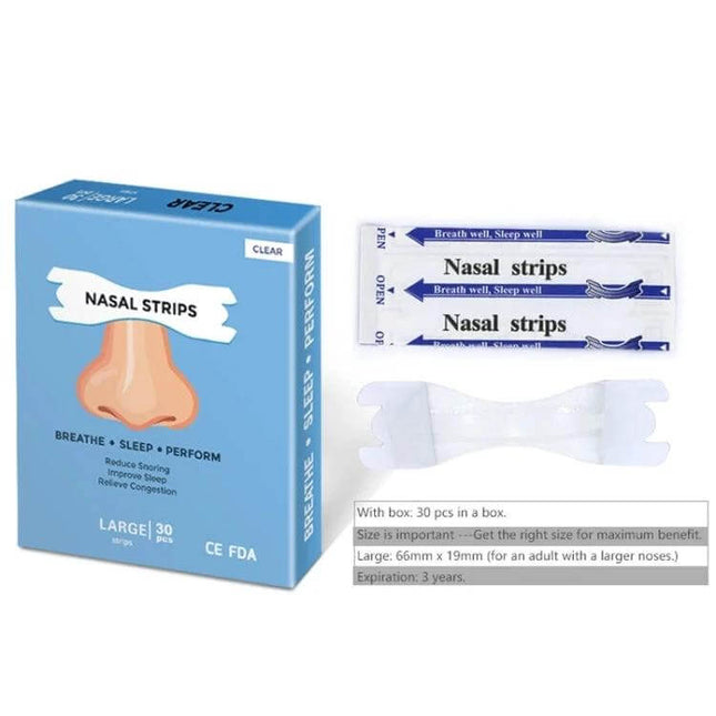 Transparent Nasal Strips Pack 30 Count for Better Sleep - clear 30-count box and individual breathable strips shown