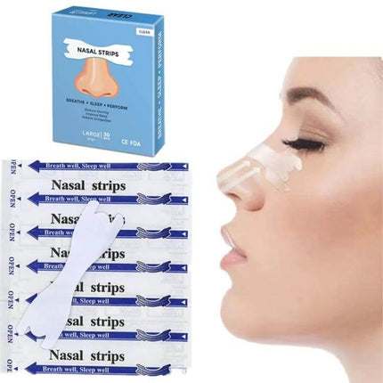 Transparent Nasal Strips Pack 30 Count for Better Sleep – clear breathable 66x19mm strips on nose, 30-count box for congestion, allergies, and improved sleep